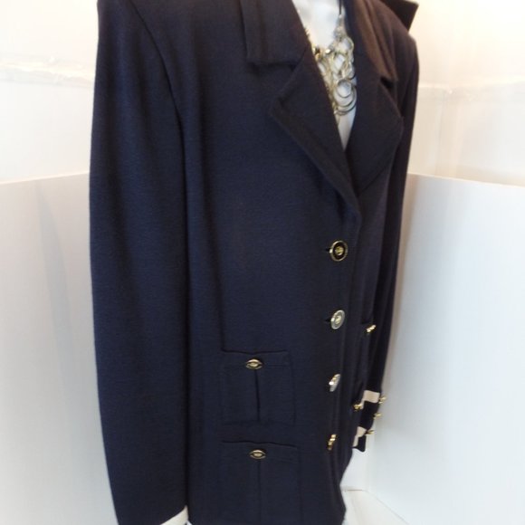 St. John 2 Piece Knit Black Jacket & Skirt Bright Gold Logo Buttons Size 14 - Picture 2 of 16